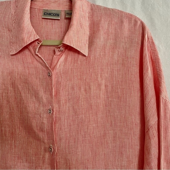 Chico's Linen Longline Button Down Striped Tunic Top Lagenlook Beachy - Picture 4 of 15